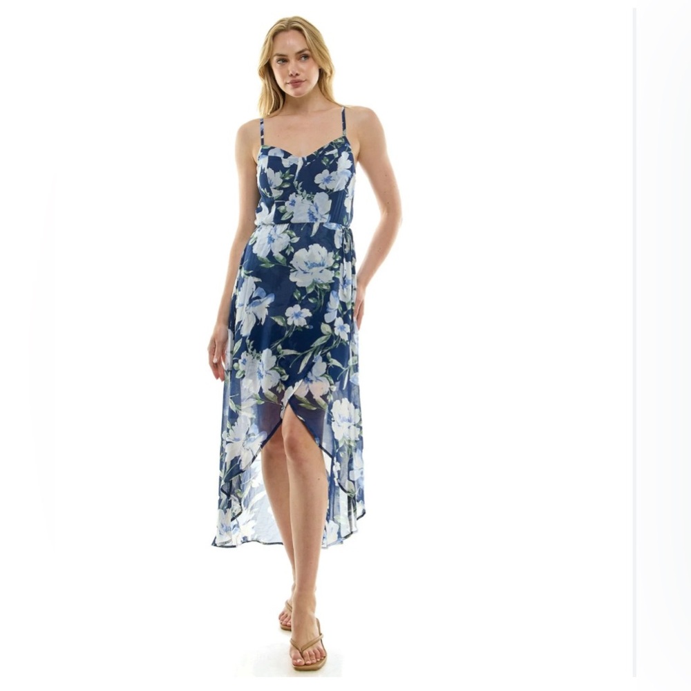 Women’s Juniors Blue White Flowers Chiffon Dress Spaghetti Straps Size Small